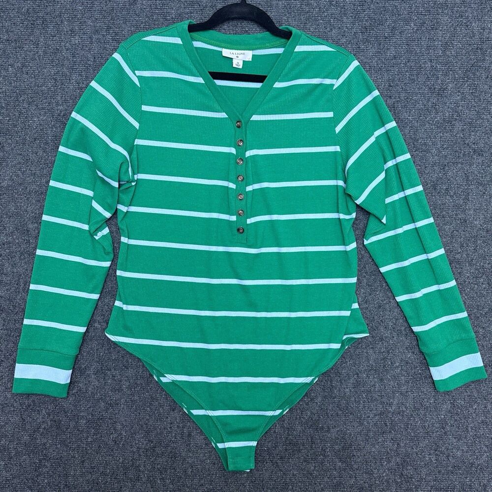 La Ligne x Target Green Light Blue Striped VNeck Button Front Bodysuit Preppy 1X